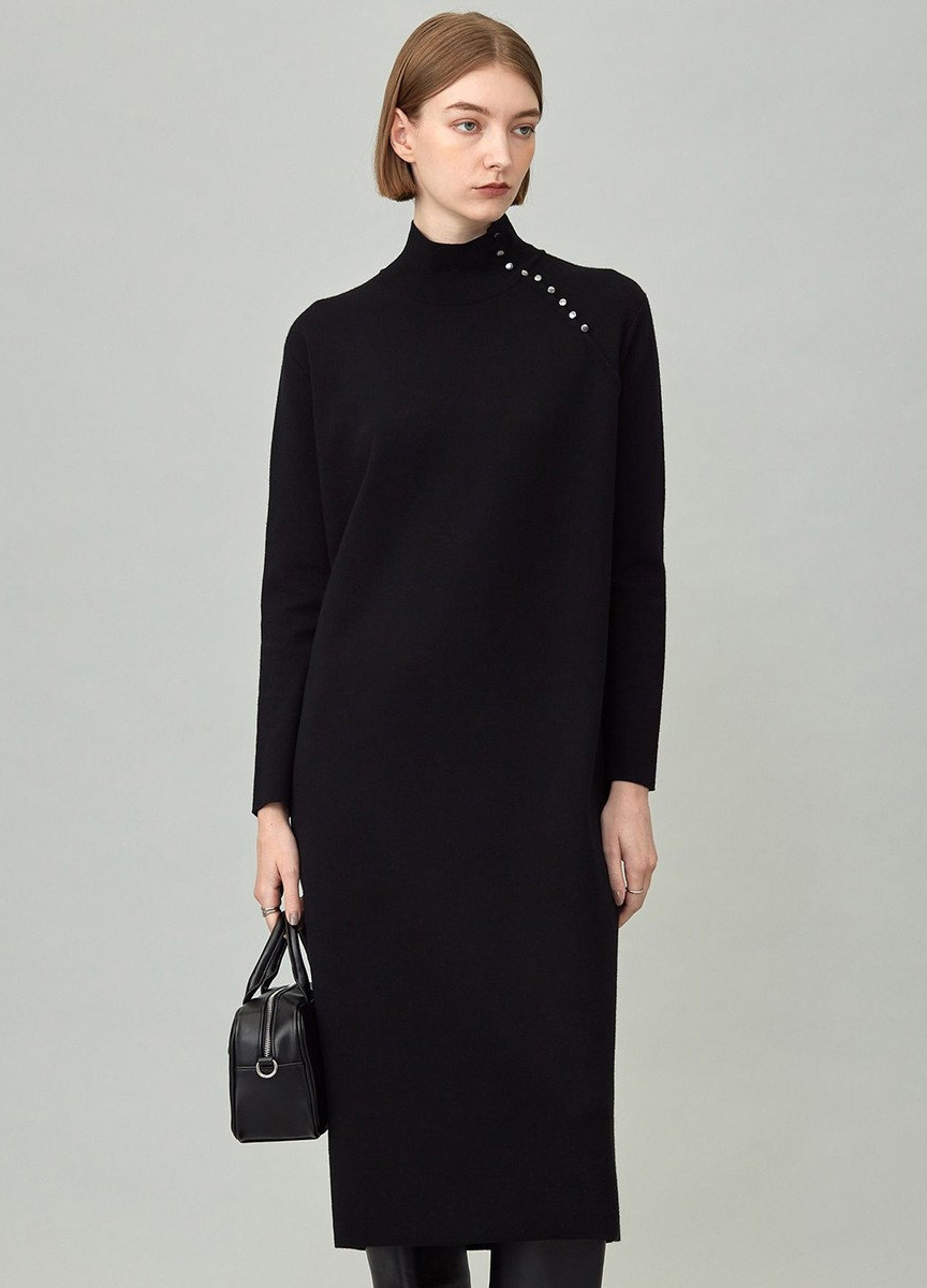 壓縮羊毛高領釦飾洋裝